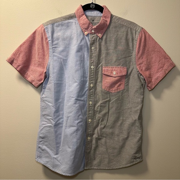 American Eagle Men’s Color Block Short Sleeve Button Down Shirt Sz M - Picture 1 of 4